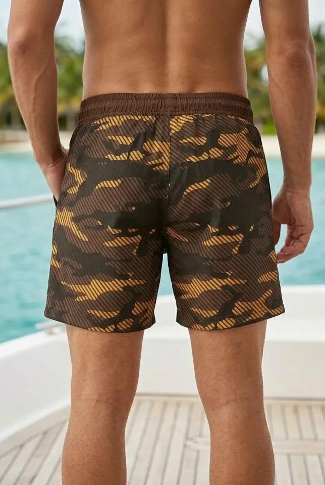 Erkek Deniz Şortu Fermuarlı Cepli File Astarlı Hızlı Kuruyan Premium - Kahverengi