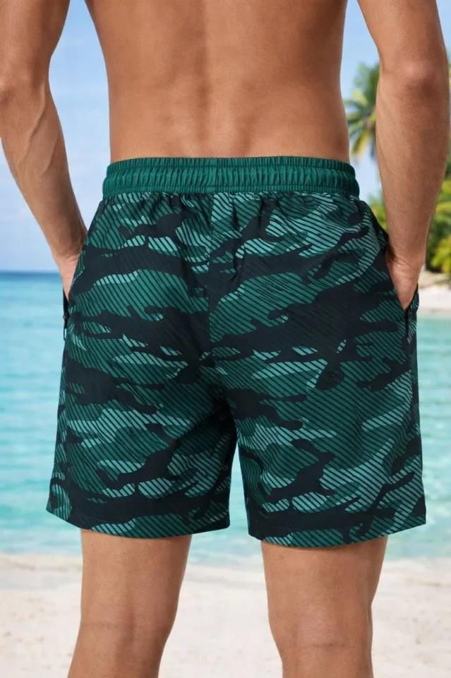 Erkek Deniz Şortu Fermuarlı Cepli File Astarlı Hızlı Kuruyan Premium - Su Yeşili