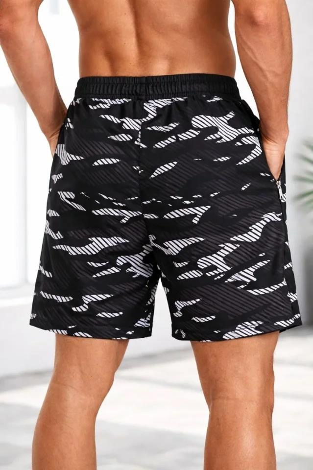 Erkek Deniz Şortu Fermuarlı Cepli File Astarlı Hızlı Kuruyan Premium - Siyah