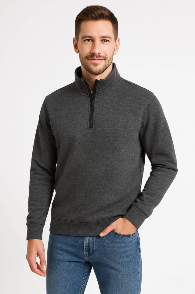 Erkek Dik Yaka Sweatshirt Dik Yaka Yarım Fermuarlı 3 İplik Şardonlu Pamuk Kumaş - Antrasit