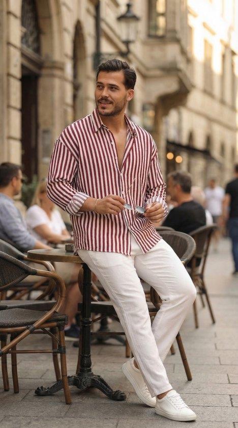Erkek Dikey Çizgili Yarım Oversize Gömlek