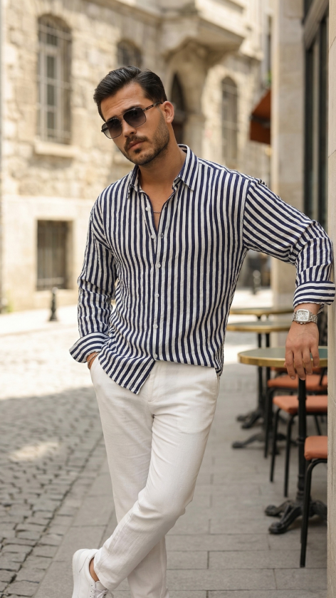 Erkek Dikey Çizgili Yarım Oversize Gömlek