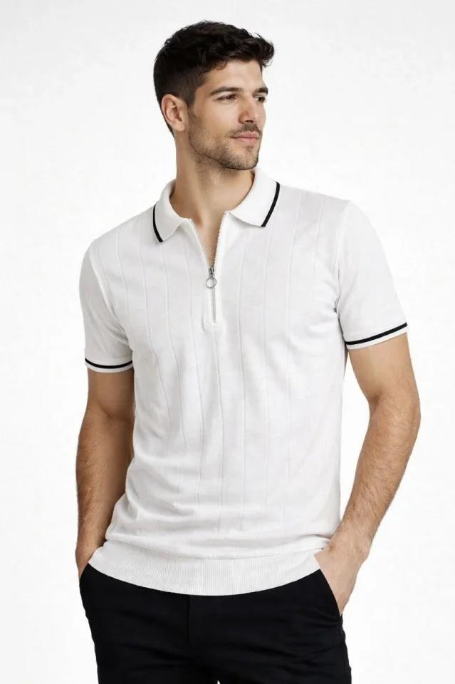 Erkek Fermuarlı Yaka Fitilli Triko Kısa Kollu Regular Fit Tişört T-shirt - Beyaz