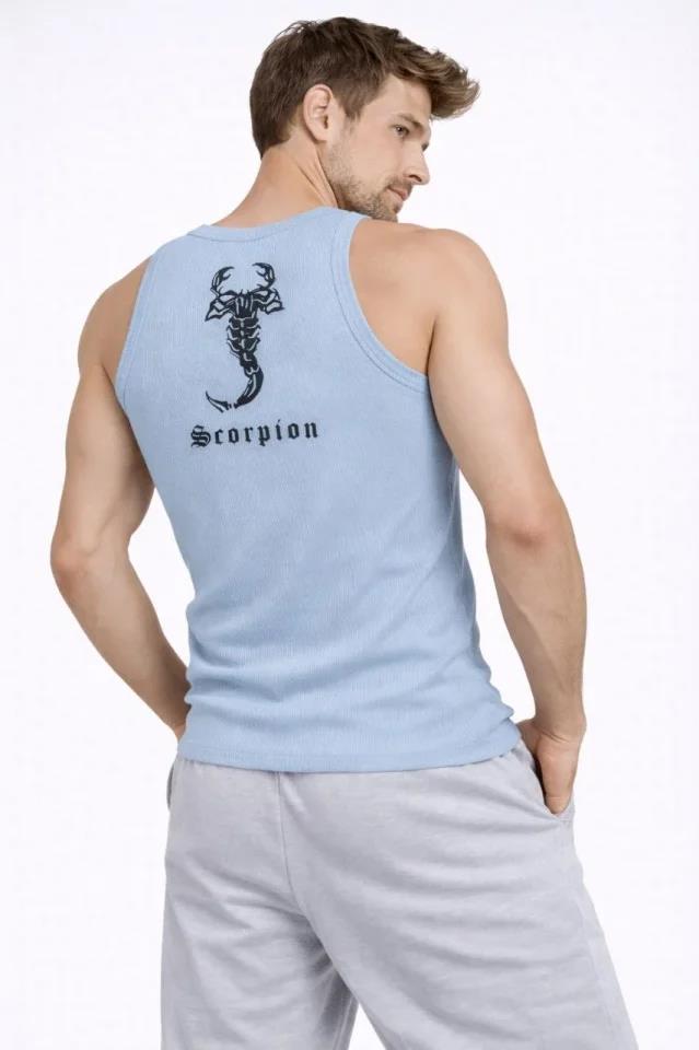 Erkek Fitilli Atlet Sıfır Yaka Slim Fit Arka Baskılı Spor Atlet - Bebe Mavisi