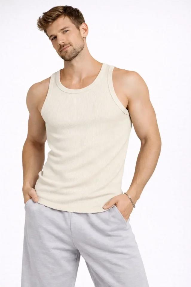 Erkek Fitilli Atlet Sıfır Yaka Slim Fit Arka Baskılı Spor Atlet - Krem