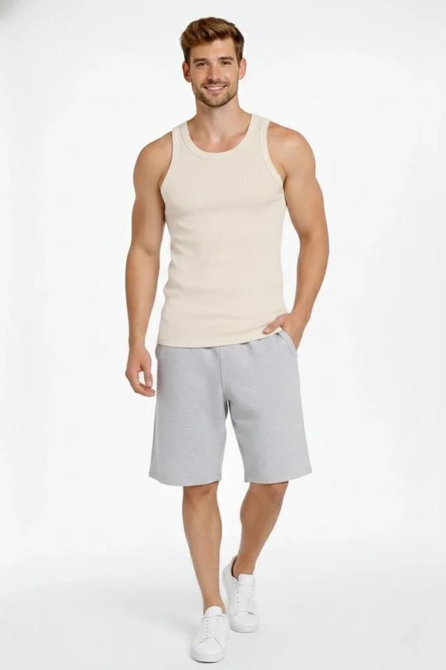 Erkek Fitilli Atlet Sıfır Yaka Slim Fit Arka Baskılı Spor Atlet - Krem