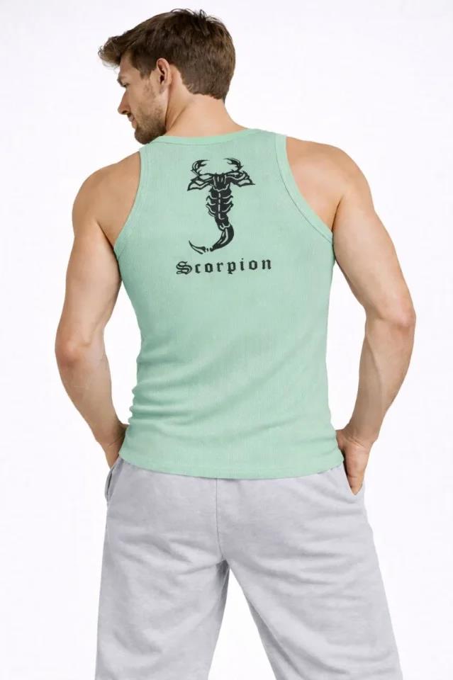 Erkek Fitilli Atlet Sıfır Yaka Slim Fit Arka Baskılı Spor Atlet - Mint Yeşili