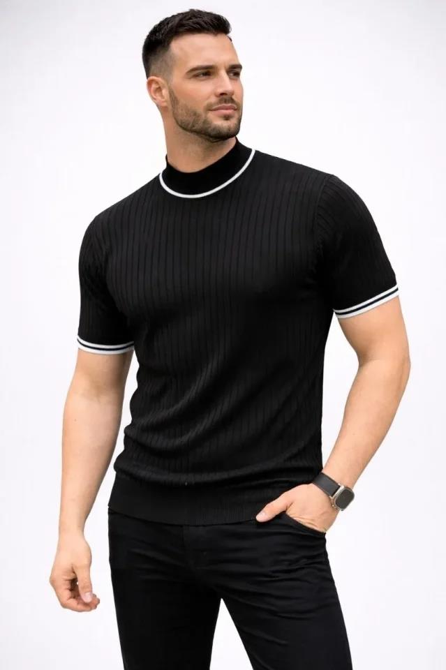 Erkek Fitilli Triko Dokuma Kısa Kol Tişört Yarım Boğaz Modern Yazlık T-Shirt - Siyah