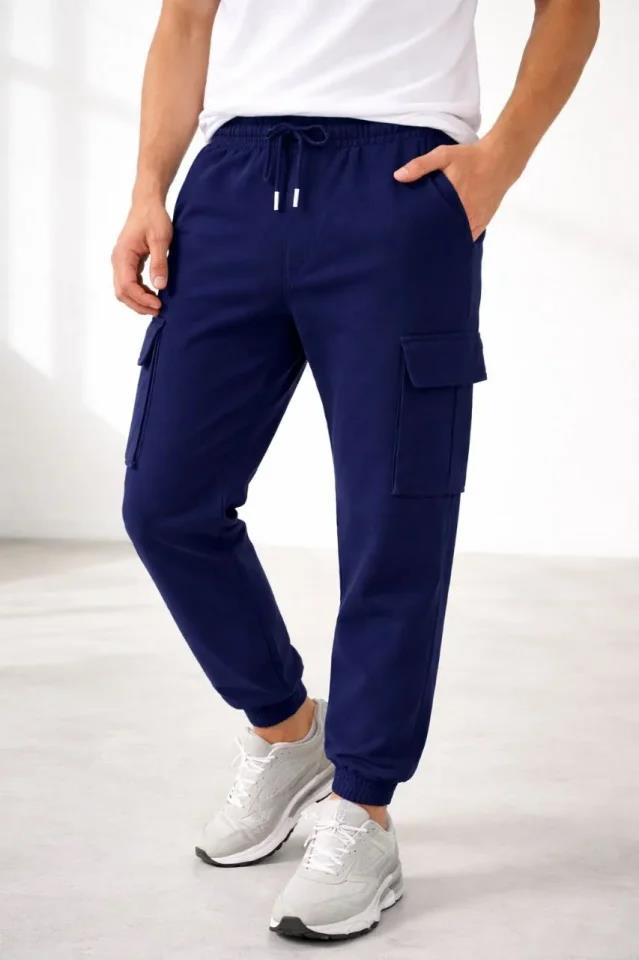 Erkek Jogger Eşofman Altı Regular Fit , Kargo Cepli, Lastikli Paça, Günlük Spor Pantolon - Lacivert