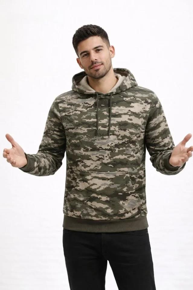 Erkek Kamuflaj Desenli 2 İplik 4 Mevsim Kapüşonlu Kanguru Cepli Hoodie Sweatshirt - Kamuflaj