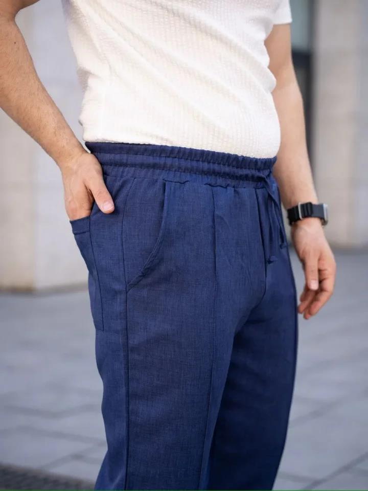 Erkek Keten Cepli Çıma Dikişli Jogger Buggy Pantalon Rahat Kalıp - Lacivert
