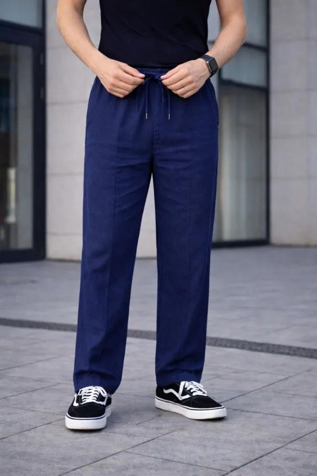 Erkek Keten Cepli Çıma Dikişli Jogger Buggy Pantalon Rahat Kalıp - Lacivert