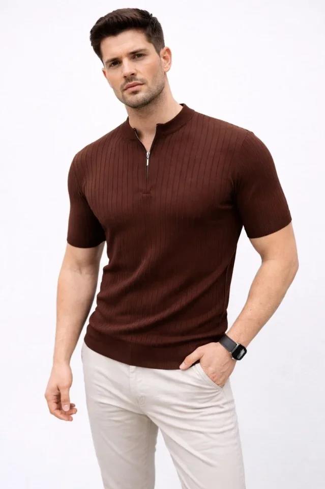Erkek Kısa Kol Fitilli Triko T-Shirt Yazlık Hakim Yaka Tişört - Kahverengi
