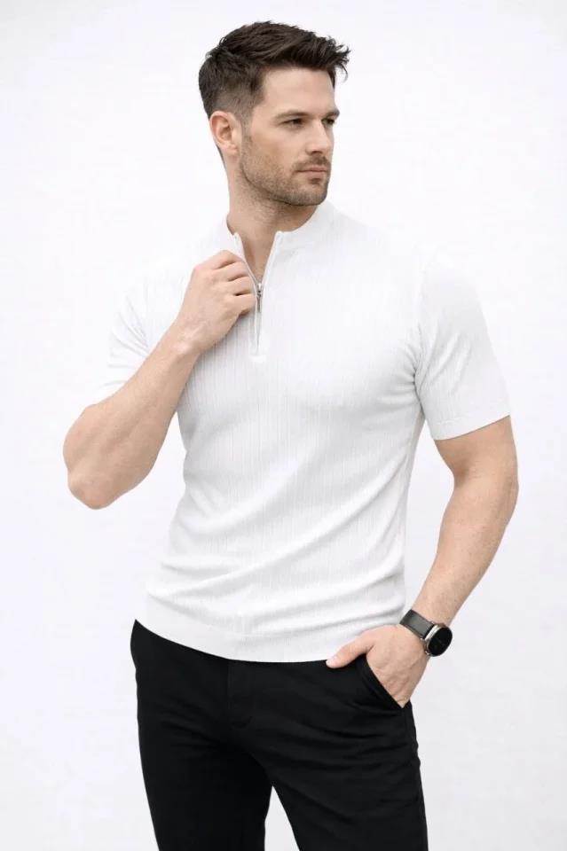 Erkek Kısa Kol Fitilli Triko T-Shirt Yazlık Hakim Yaka Tişört - Beyaz