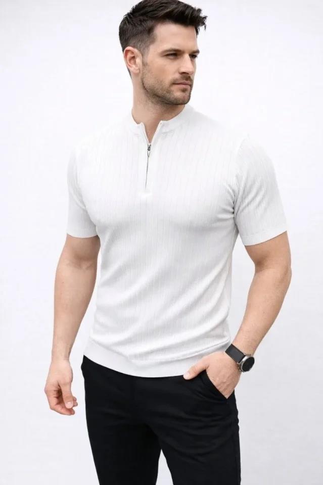 Erkek Kısa Kol Fitilli Triko T-Shirt Yazlık Hakim Yaka Tişört - Beyaz