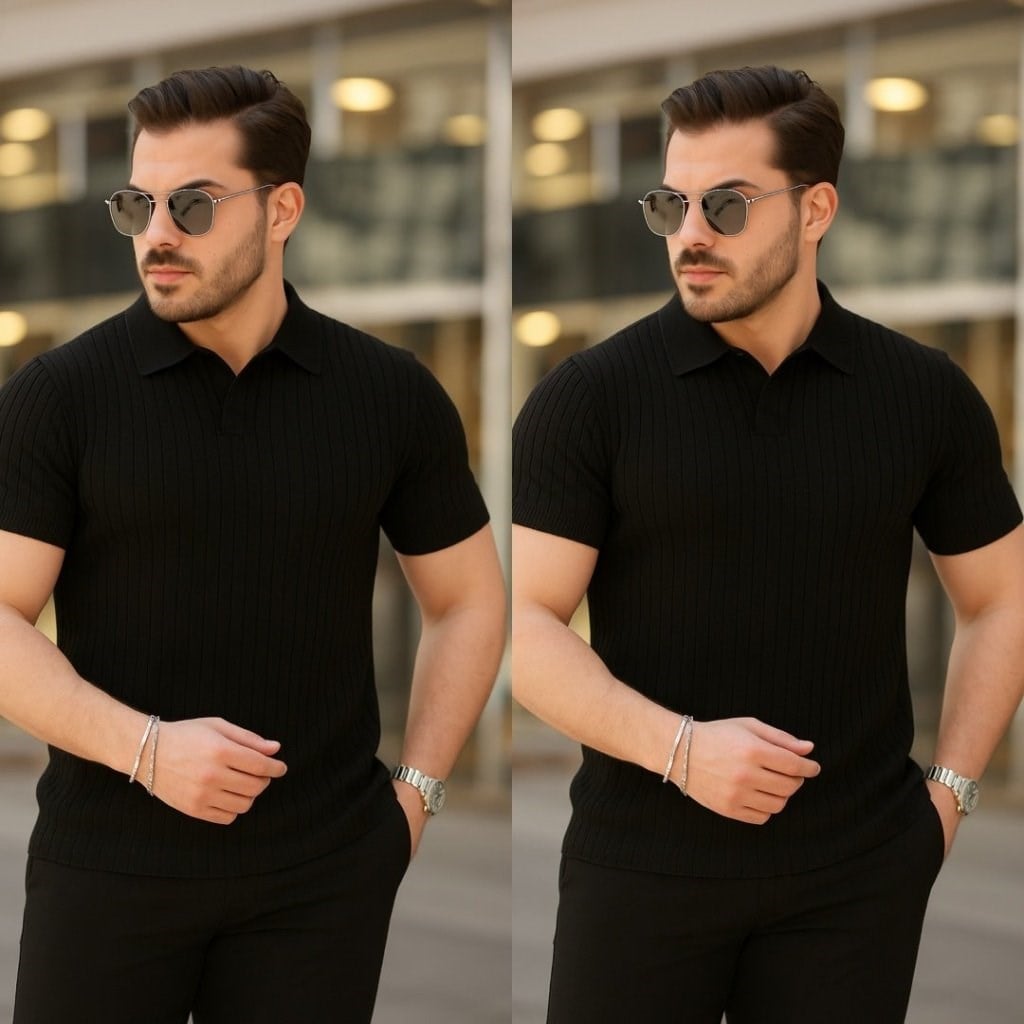 Erkek Kısa Kollu Yakalı çizgi Desenli Triko Bluz