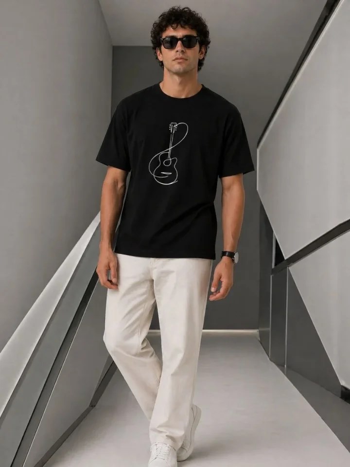 Erkek Minimal Gitar Baskılı Tişört T-Shirt Yazlık Kısa Kol Bisiklet Yaka T-Shirt - Siyah
