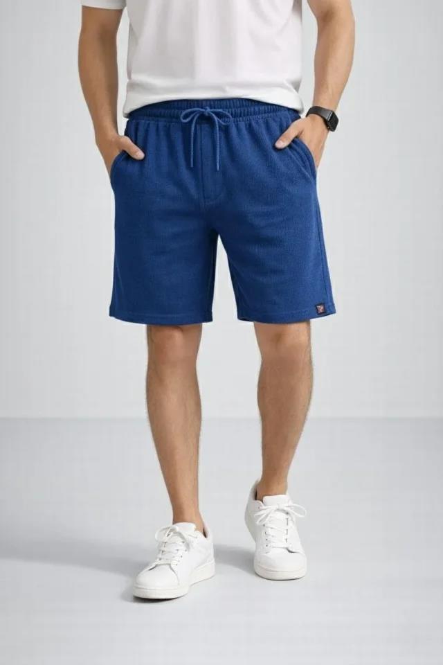 Erkek Otoban Dokuma Şort Beli Lastikli Bağcıklı, Cepli, Rahat Kesim Günlük Yazlık Şort - İndigo