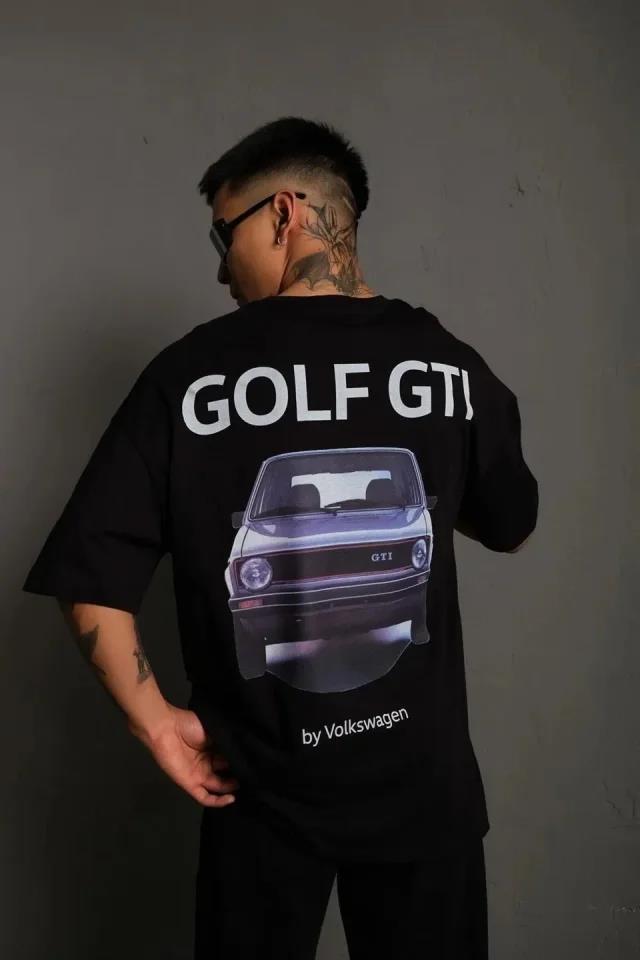 Erkek Oversize Baskılı Tişört – Golf GTI Retro Araba Desenli, Ön - Arka Dijital Baskı, Sokak Modası Stil - Siyah