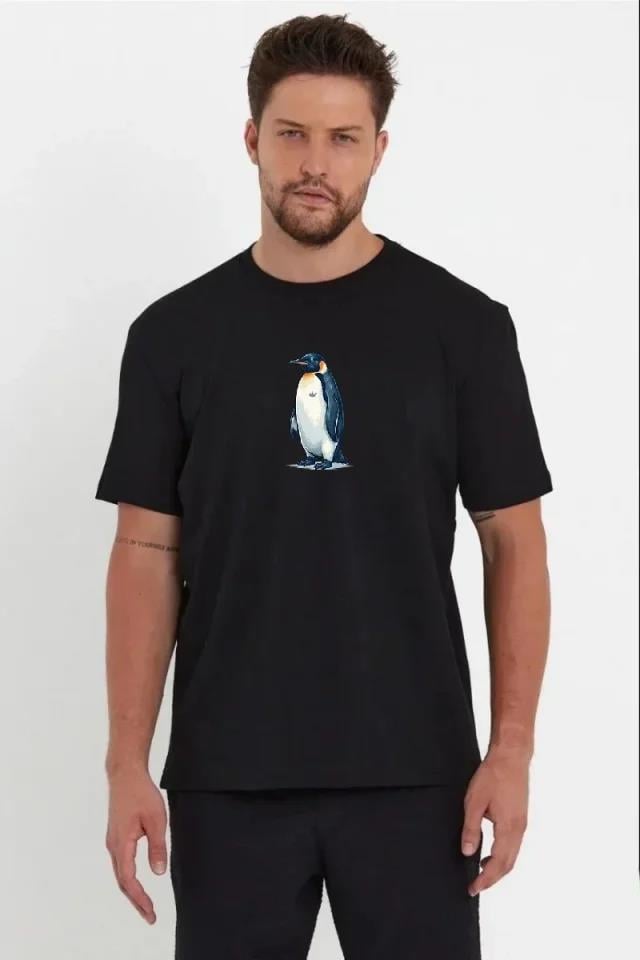Erkek Oversize Tişört - Sırt Baskılı Survivor Penguin Temalı, Felsefi Yazılı Bisiklet Yaka Tişört - Siyah