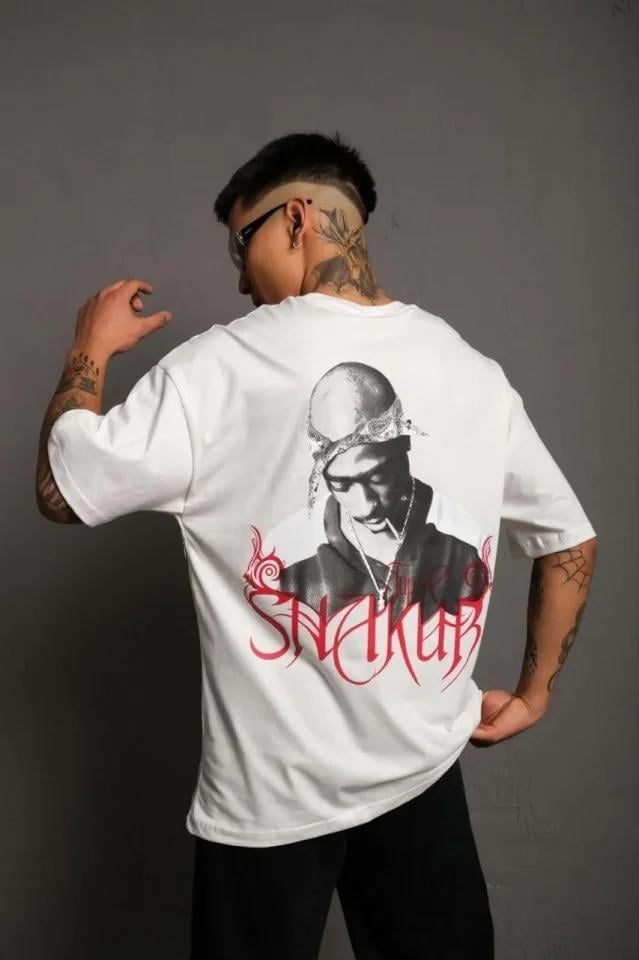 Erkek Oversize Tişört – Beyaz 24/1 Penye Kumaş, Bisiklet Yaka, Ön - Arka Baskılı, Streetwear Tarzı Rahat Büyük Kalıp T-Shirt- Beyaz