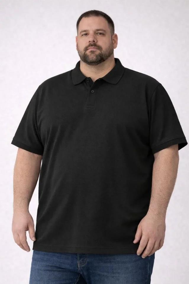 Erkek Pike Kumaş Düğmeli Yaka Battal Büyük Beden Günlük Kısa Kol Tişört T-shirt - Siyah