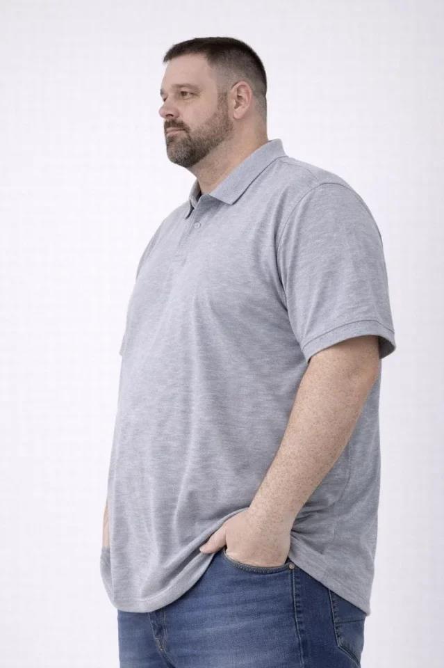 Erkek Pike Kumaş Düğmeli Yaka Battal Büyük Beden Günlük Kısa Kol Tişört T-shirt - Gri