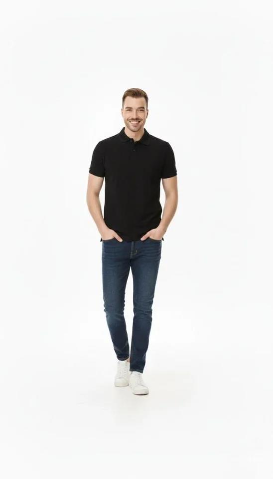 Erkek Pike Kumaş Düğmeli Yaka Regular Fit Günlük Kısa Kol Tişört T-shirt - Siyah