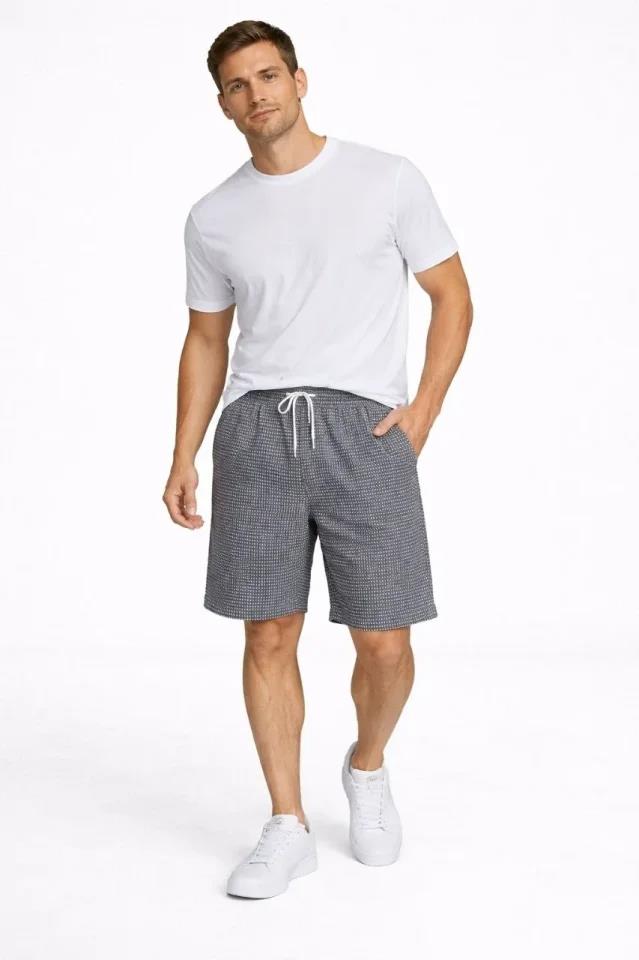 Erkek Pötikareli Şort – Beli Lastikli Bağcıklı, Cepli, Rahat Kesim Günlük Yazlık Şort - Füme