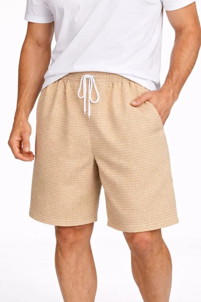 Erkek Pötikareli Şort – Beli Lastikli Bağcıklı, Cepli, Rahat Kesim Günlük Yazlık Şort - Bej