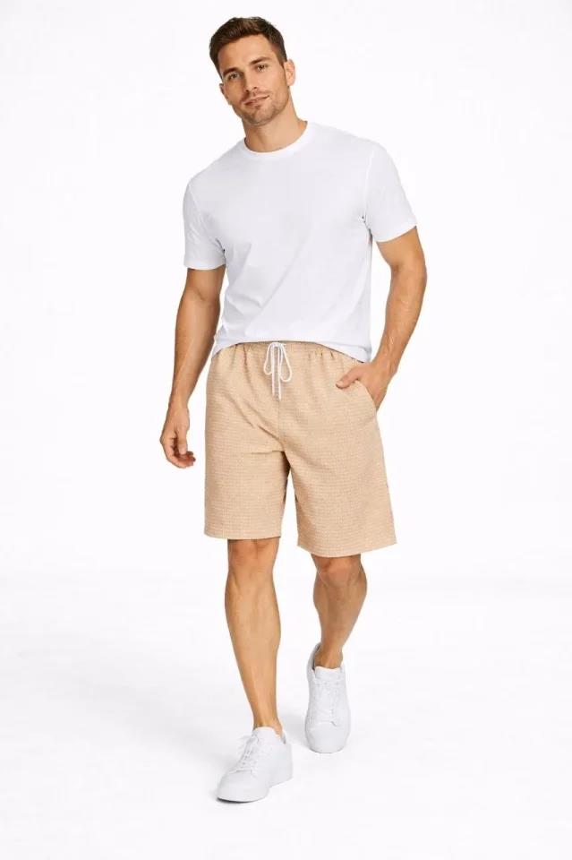 Erkek Pötikareli Şort – Beli Lastikli Bağcıklı, Cepli, Rahat Kesim Günlük Yazlık Şort - Bej