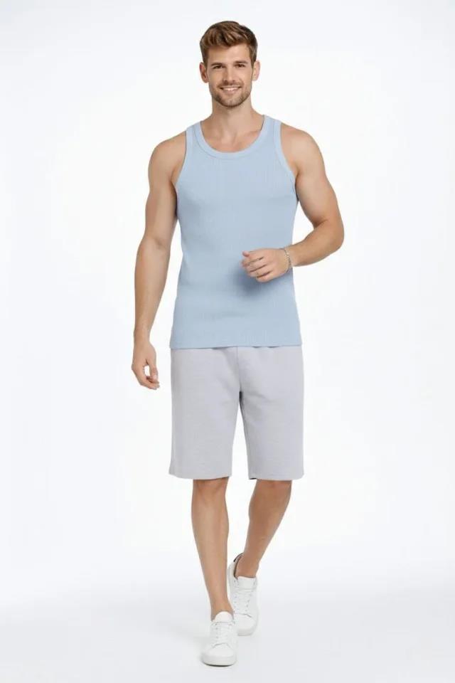 Erkek Spor Fitilli Atlet 2li Set Kahverengi Ve Bebek Mavisi Slim Fit Kaşkorse Arka Baskılı Spor Atlet