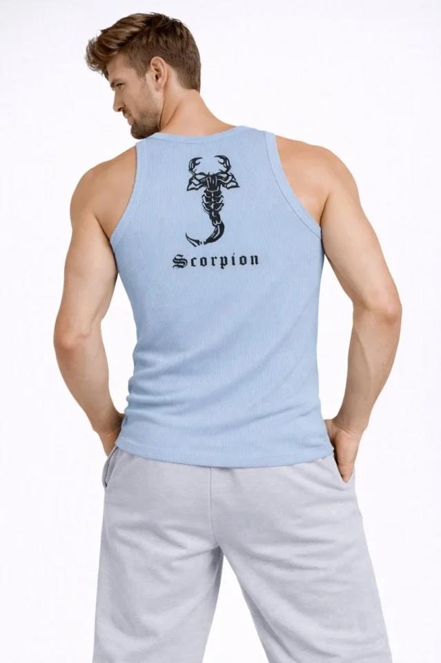 Erkek Spor Fitilli Atlet 2li Set Kahverengi Ve Bebek Mavisi Slim Fit Kaşkorse Arka Baskılı Spor Atlet