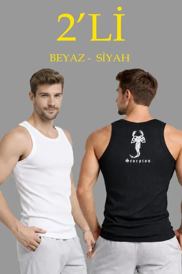 Erkek Spor Fitilli Atlet 2li Set Siyah Ve Beyaz Slim Fit Kaşkorse Arka Baskılı Spor Atlet