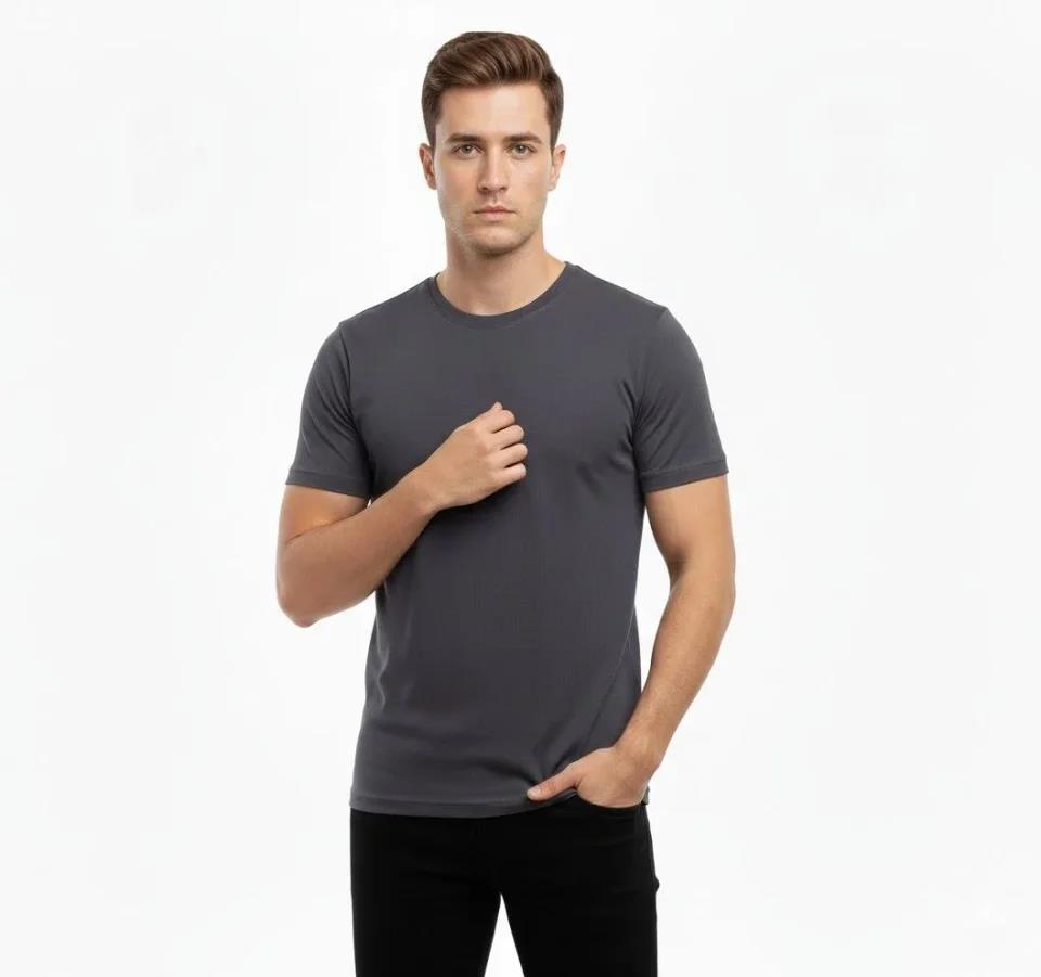 Erkek T-Shirt Bisiklet Yaka Slim Fit Dar Kesim Likralı Tişört Günlük Basic Body - Füme
