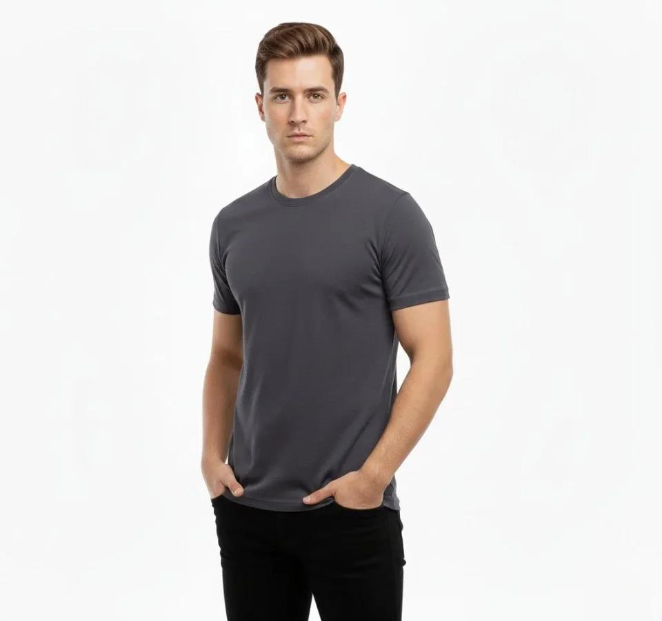 Erkek T-Shirt Bisiklet Yaka Slim Fit Dar Kesim Likralı Tişört Günlük Basic Body - Füme