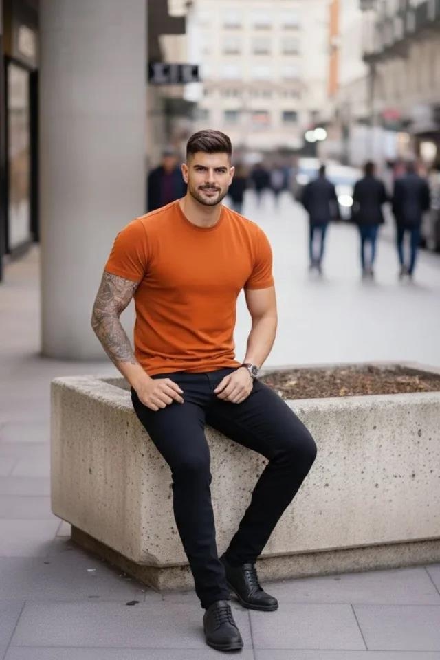 Erkek T-Shirt Bisiklet Yaka Slim Fit Dar Kesim Likralı Tişört Günlük Basic Body - Koyu Turuncu