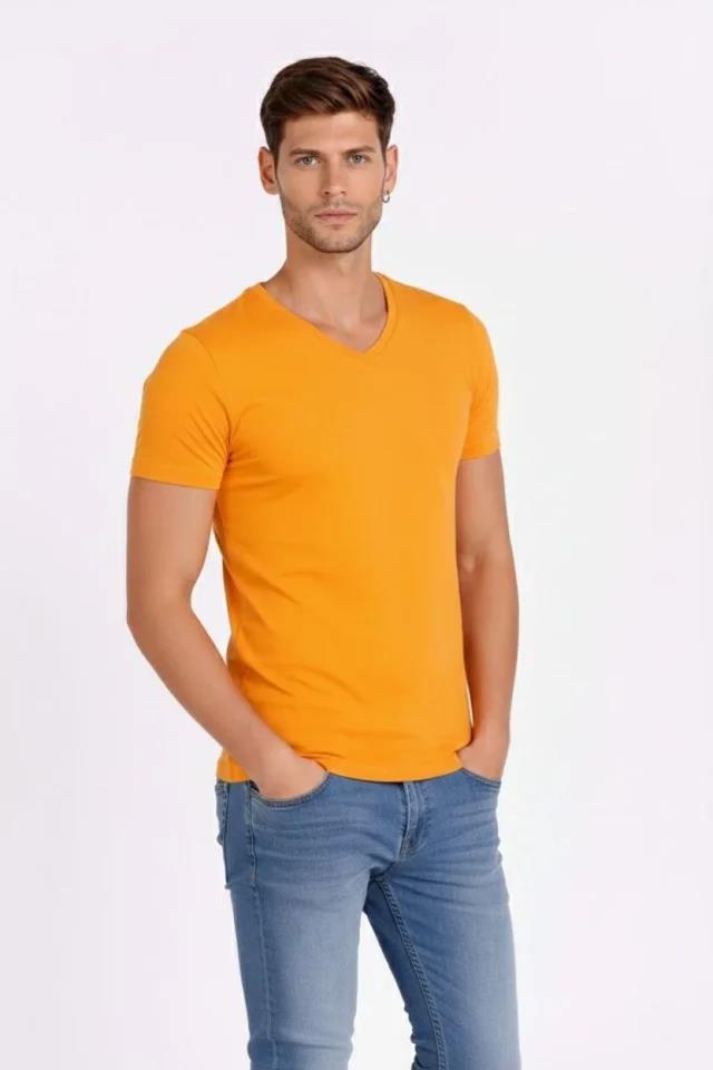 Erkek T-Shirt V Yaka Slim Fit Dar Kesim Likralı Tişört Günlük Basic Body - Sarı