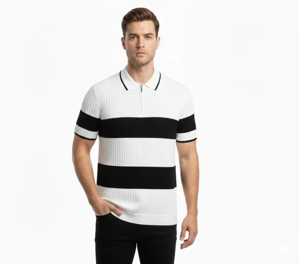 Erkek T-shirt Çizgili Triko Dokuma Kumaş Polo Yaka Yarım Fermuarlı Regular Kalıp Tişört - Beyaz