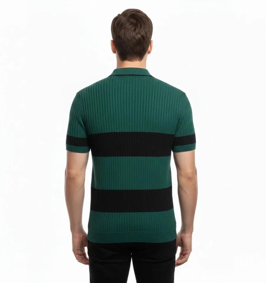 Erkek T-shirt Çizgili Triko Dokuma Kumaş Polo Yaka Yarım Fermuarlı Regular Kalıp Tişört - Çağla Yeşili