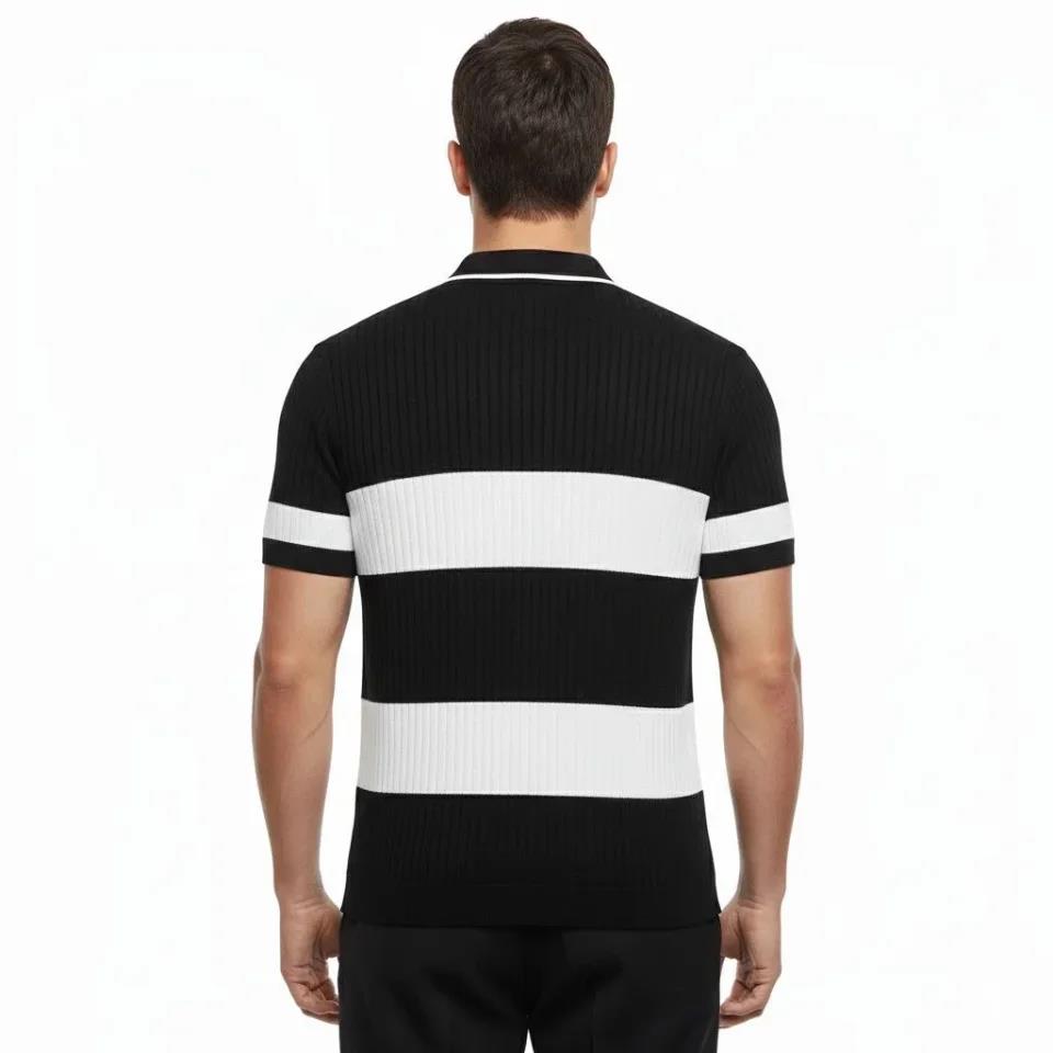 Erkek T-shirt Çizgili Triko Dokuma Kumaş Polo Yaka Yarım Fermuarlı Regular Kalıp Tişört - Siyah