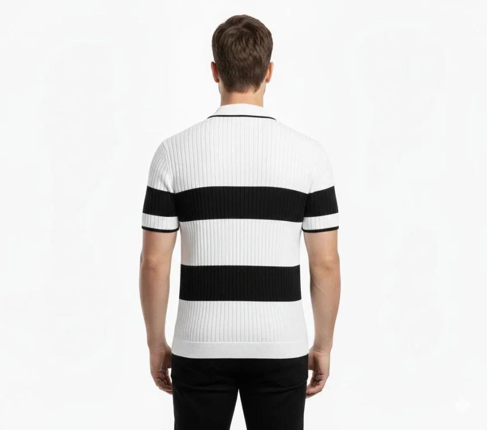 Erkek T-shirt Çizgili Triko Dokuma Kumaş Polo Yaka Yarım Fermuarlı Regular Kalıp Tişört - Beyaz