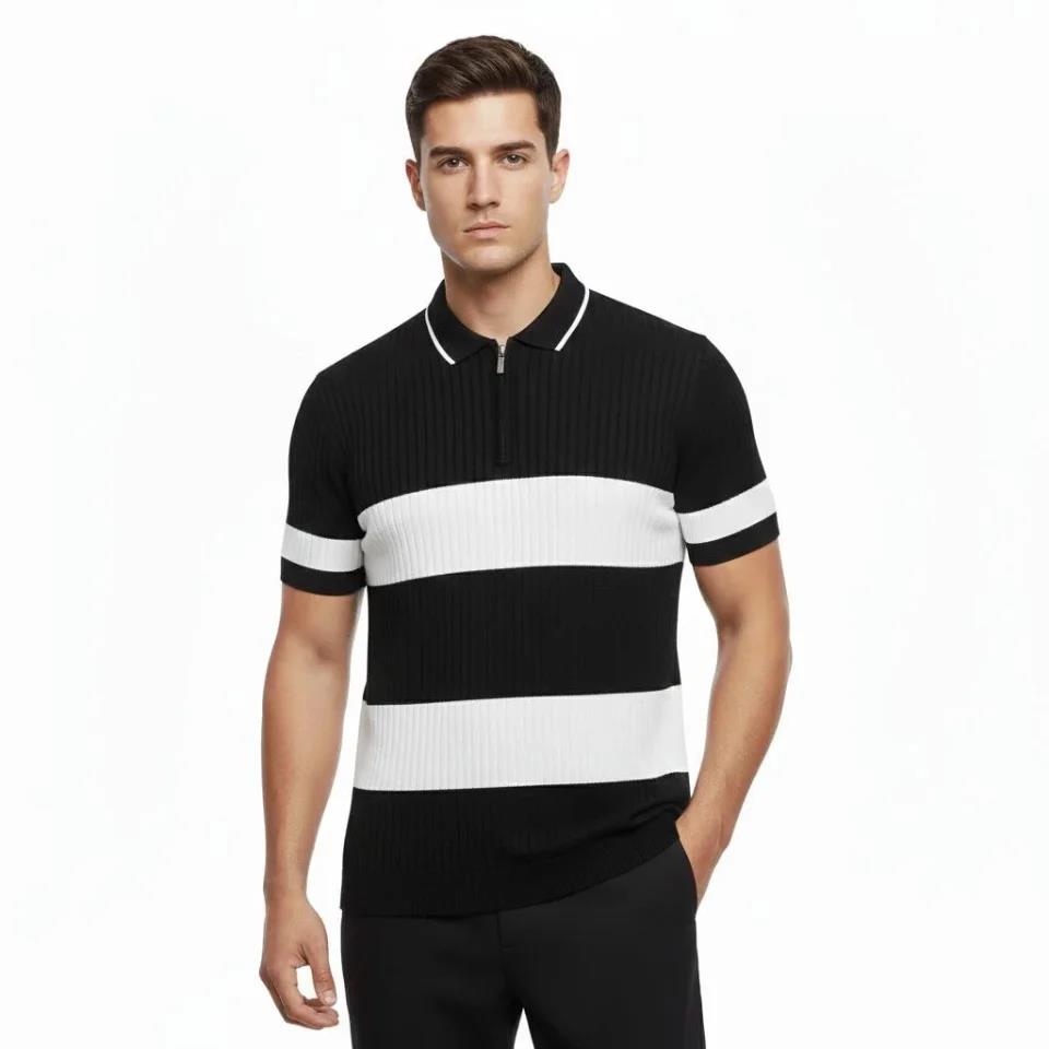Erkek T-shirt Çizgili Triko Dokuma Kumaş Polo Yaka Yarım Fermuarlı Regular Kalıp Tişört - Siyah