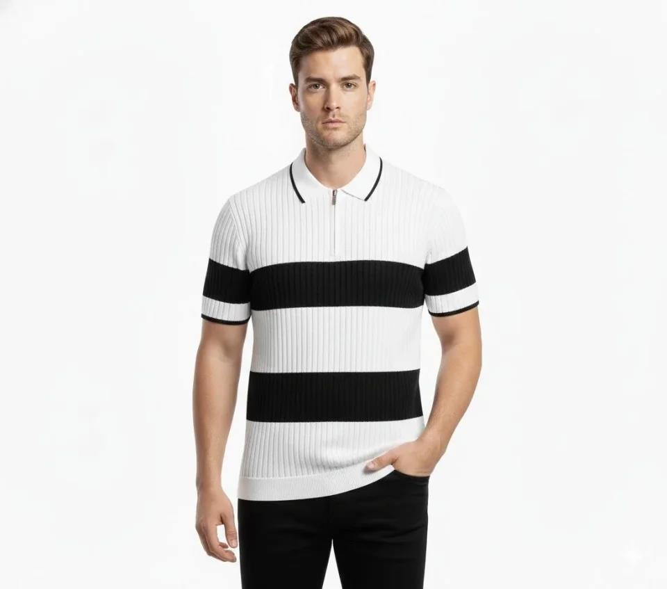 Erkek T-shirt Çizgili Triko Dokuma Kumaş Polo Yaka Yarım Fermuarlı Regular Kalıp Tişört - Beyaz