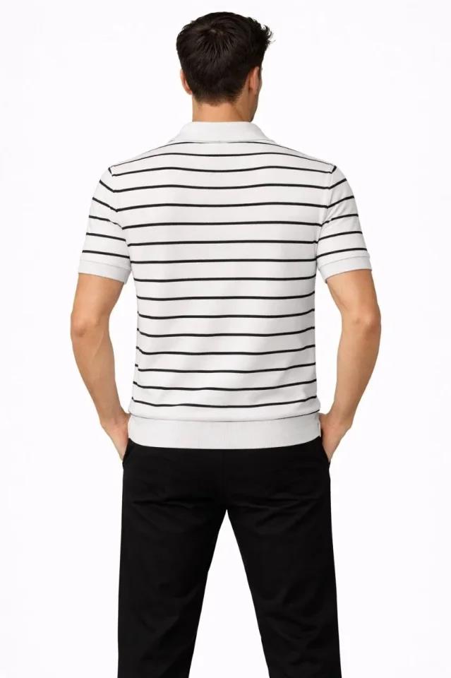 Erkek Triko Polo Yaka Fermuarlı Çizgili Tişört T-Shirt Yazlık Şık - Beyaz