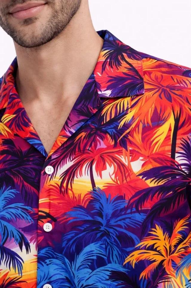 Erkek Tropikal Desenli Kısa Kol Gömlek Rahat Kalıp Yazlık Hawaii Tarz - Desenli