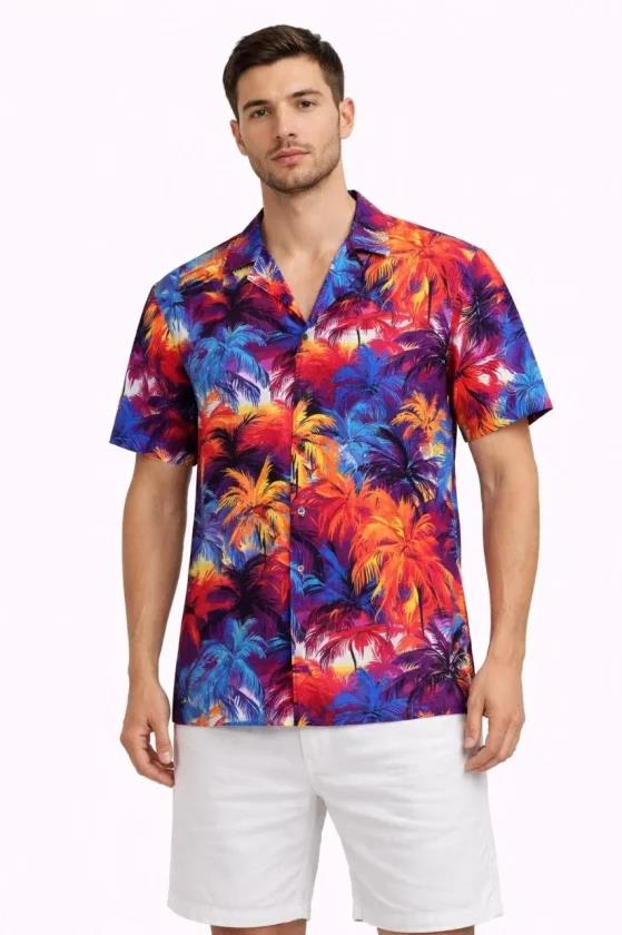 Erkek Tropikal Desenli Kısa Kol Gömlek Rahat Kalıp Yazlık Hawaii Tarz - Desenli