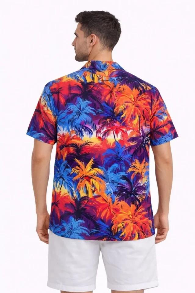 Erkek Tropikal Desenli Kısa Kol Gömlek Rahat Kalıp Yazlık Hawaii Tarz - Desenli