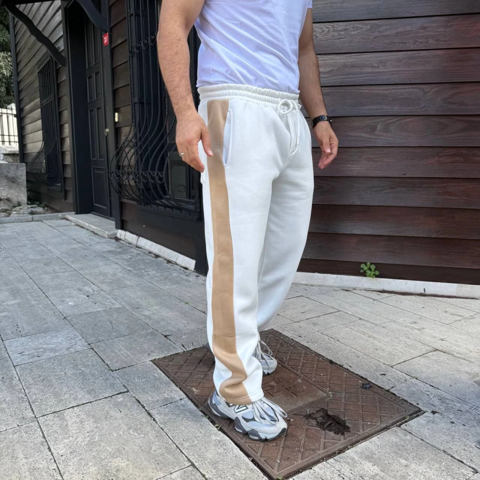 Erkek Üç İplik Kışlık Pamuklu Yandan Garneli Kalın Bej Şeritli Cepli Eşofman Altı - Beyaz
