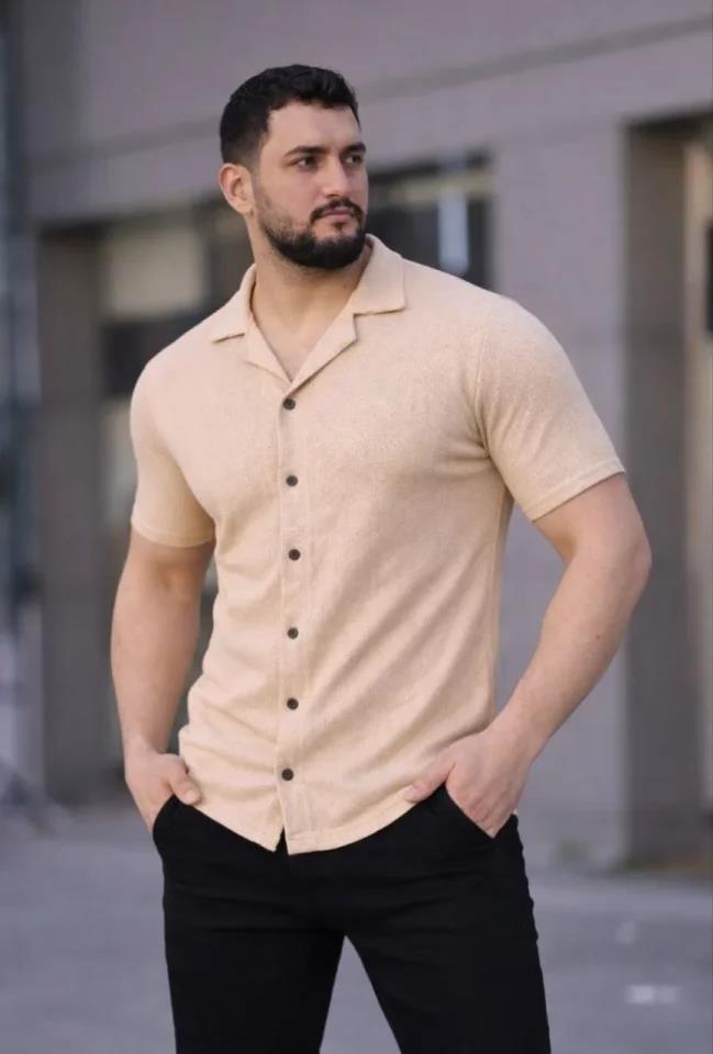 Erkek Waffle Dokuma Açık Yakalı Düğmeli Regular Kalıp 2’li Gömlek Seti - Haki - Bej